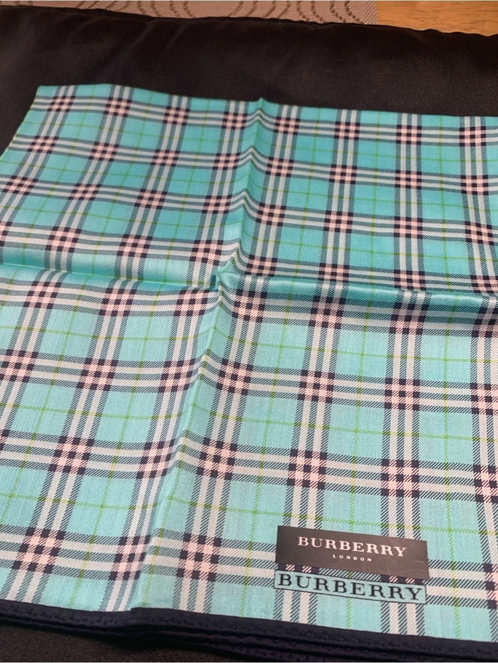 Burberry Plaid Handkerchief in Aqua Blue and Navy Trim